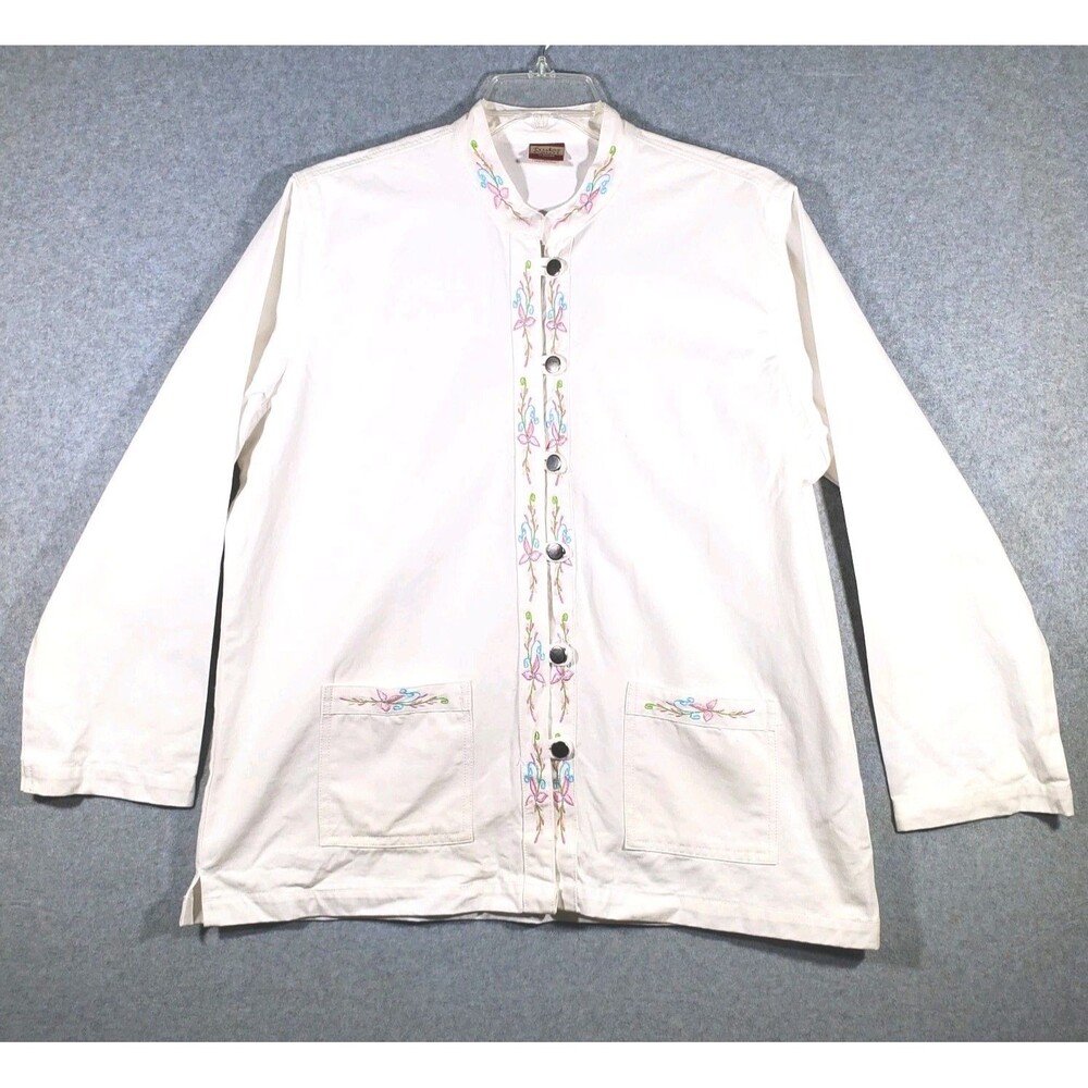 VTG Y2K Tudor Court Haband White Denim Jacket  Embroidered Boho Cottagecore XL